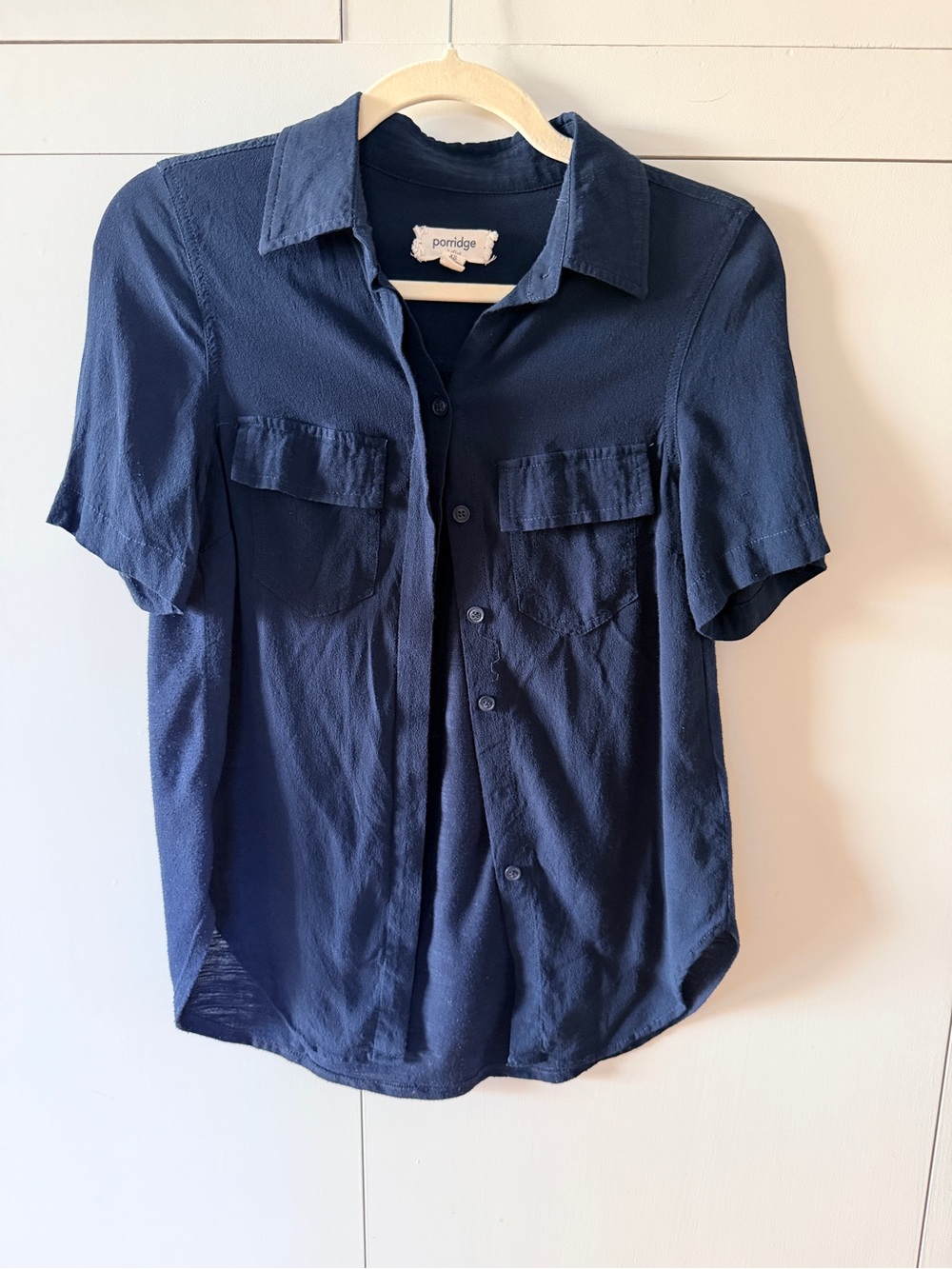 Anthropologie Navy Short-Sleeve Button-Up Blouse